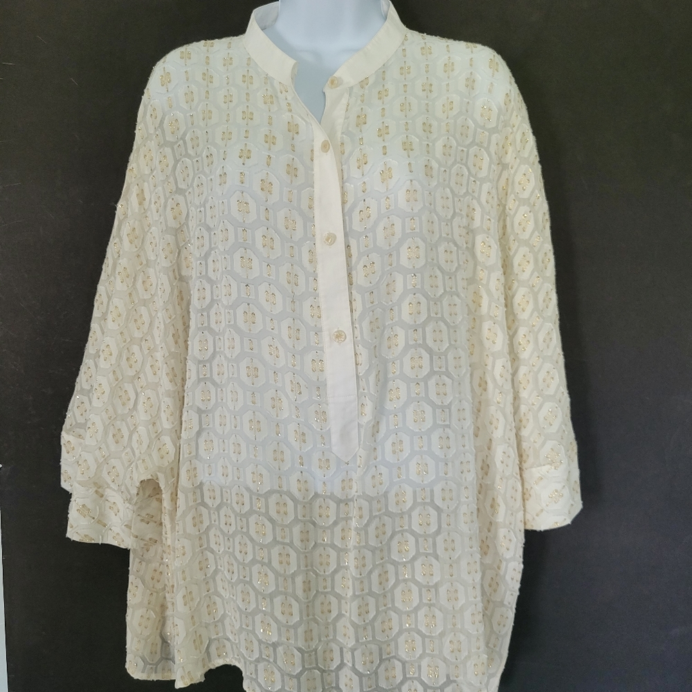 Tory Burch Women's 14 Plus Sheer Cream Gold Glitter Short Sleeve Oversized Sheer